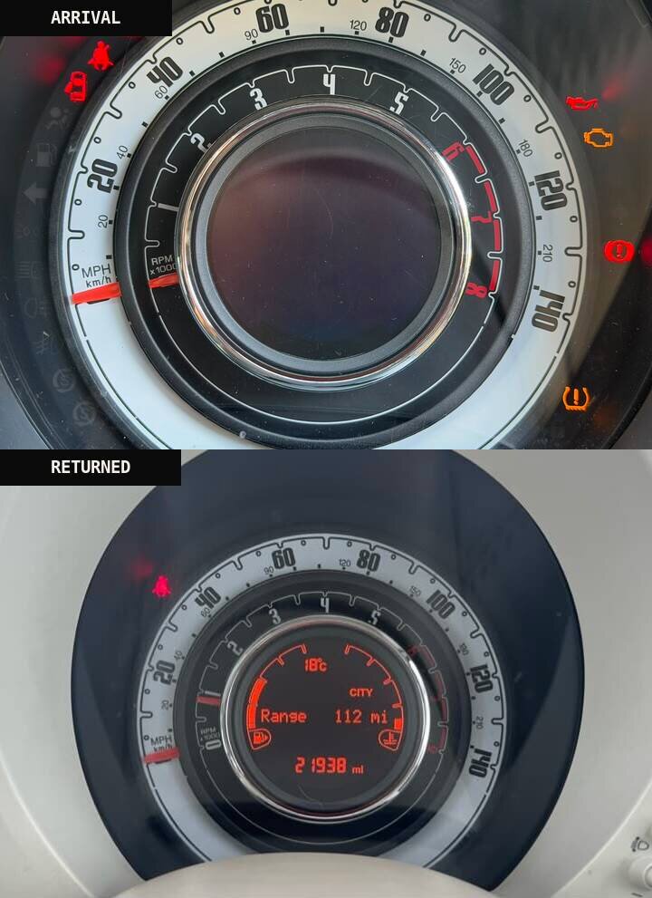 Two states of one Fiat 500 cluster: dead display above, restored display with original mileage below