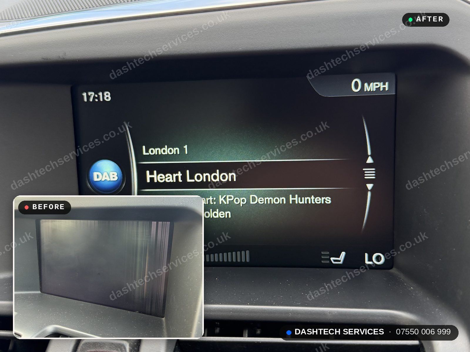 2017 Volvo XC60 Sensus Connect screen before and after repair by DashTech — vertical lines and no picture, then a clean working display